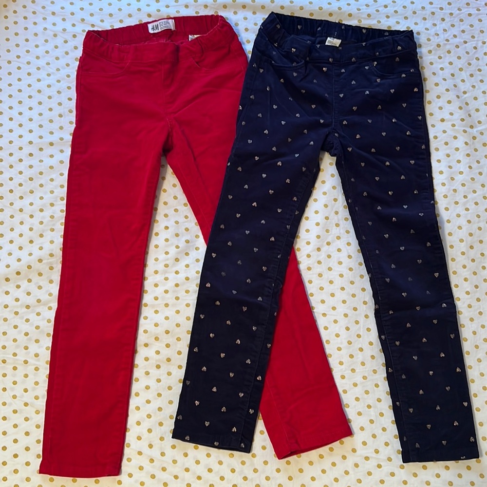 H&M corduroy jeggings girls size 6-7 lot of 2 Red and Navy Blue